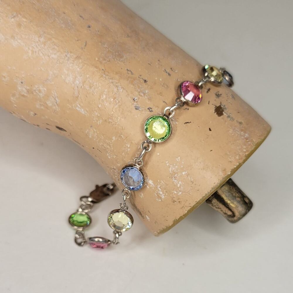 Vintage Rainbow Multi Gemstone Link Bracelet Silver Tone Crystal Colorful 7.5"